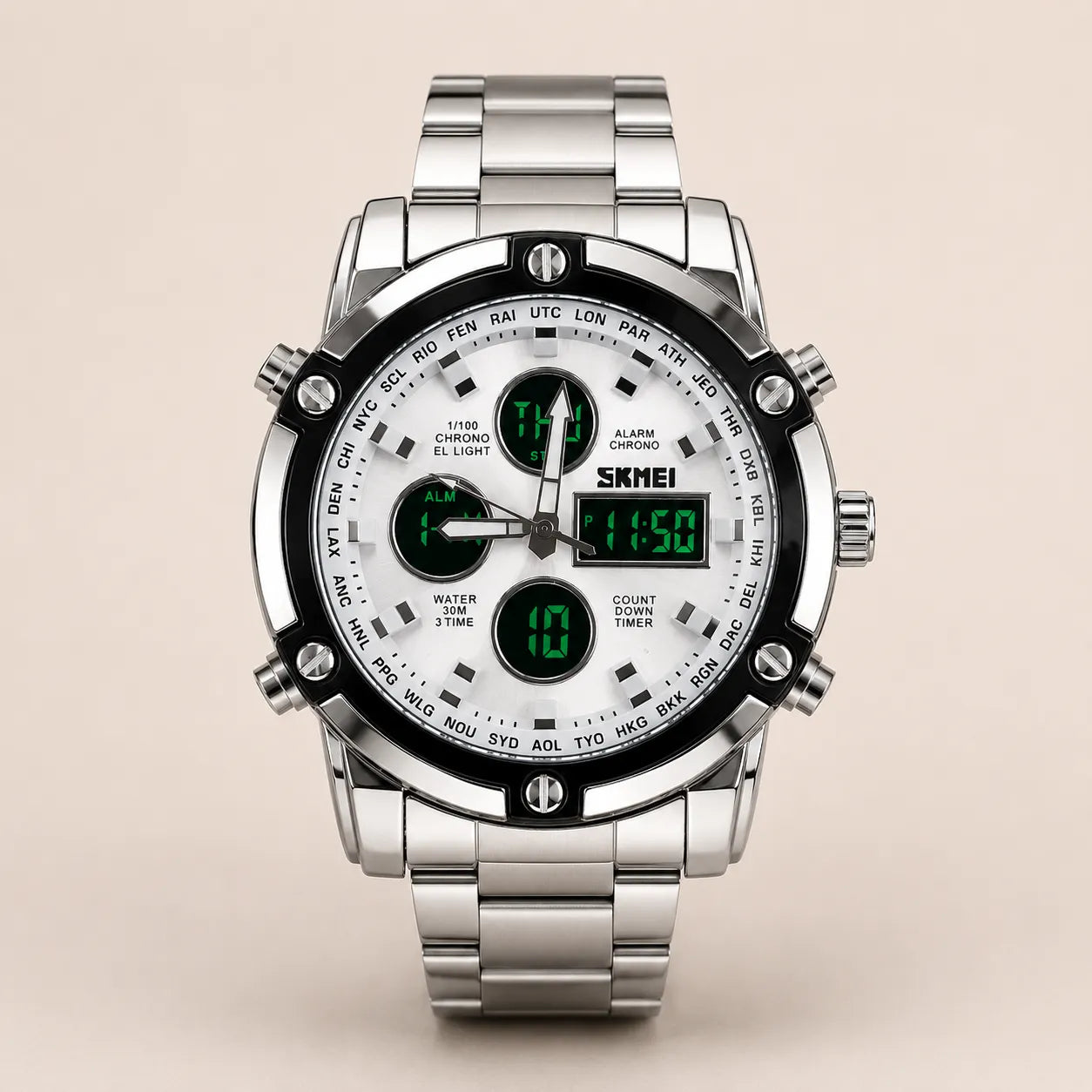 SKMEl 1389 Dual Time Analog Digital Stainless Steel Watch - Silver