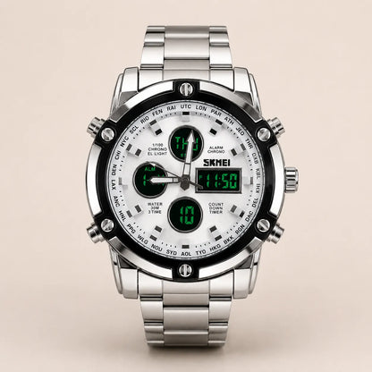 SKMEl 1389 Dual Time Analog Digital Stainless Steel Watch - Silver