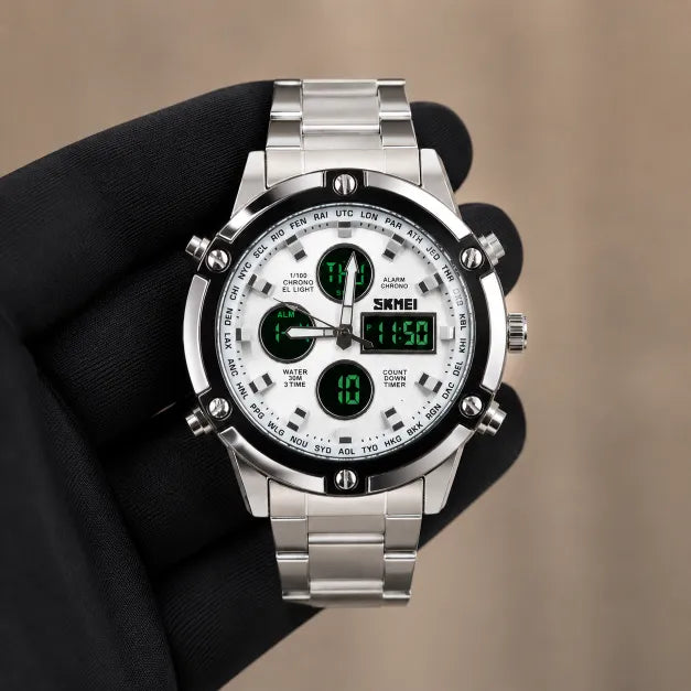 SKMEl 1389 Dual Time Analog Digital Stainless Steel Watch - Silver