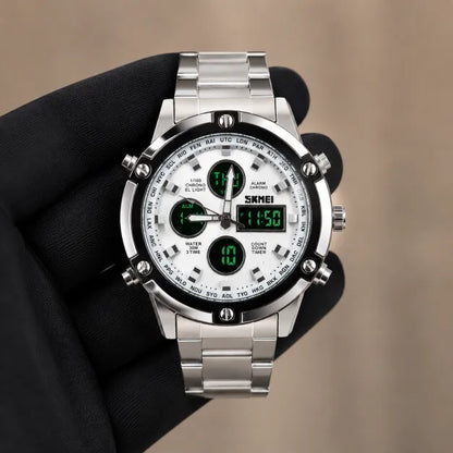 SKMEl 1389 Dual Time Analog Digital Stainless Steel Watch - Silver