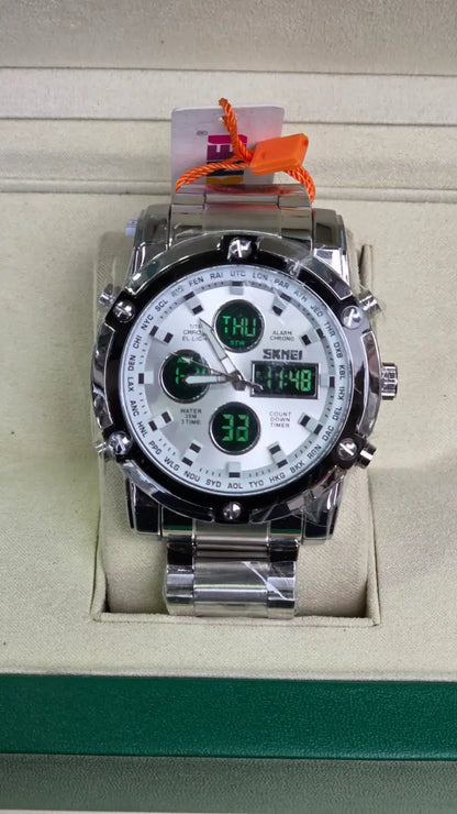 SKMEl 1389 Dual Time Analog Digital Stainless Steel Watch - Silver